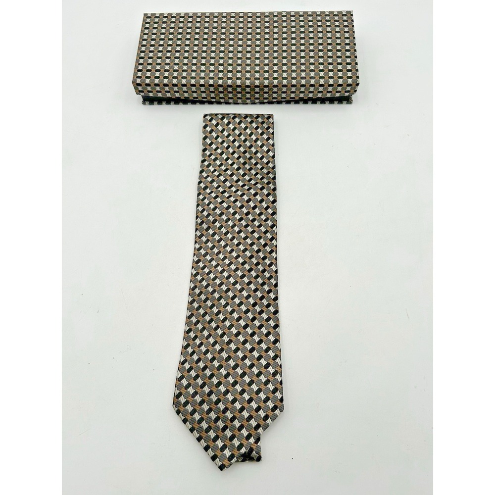 Foggia Men's Necktie Tie Silk Hand Made Black Gold White Stripe Brand New In Box